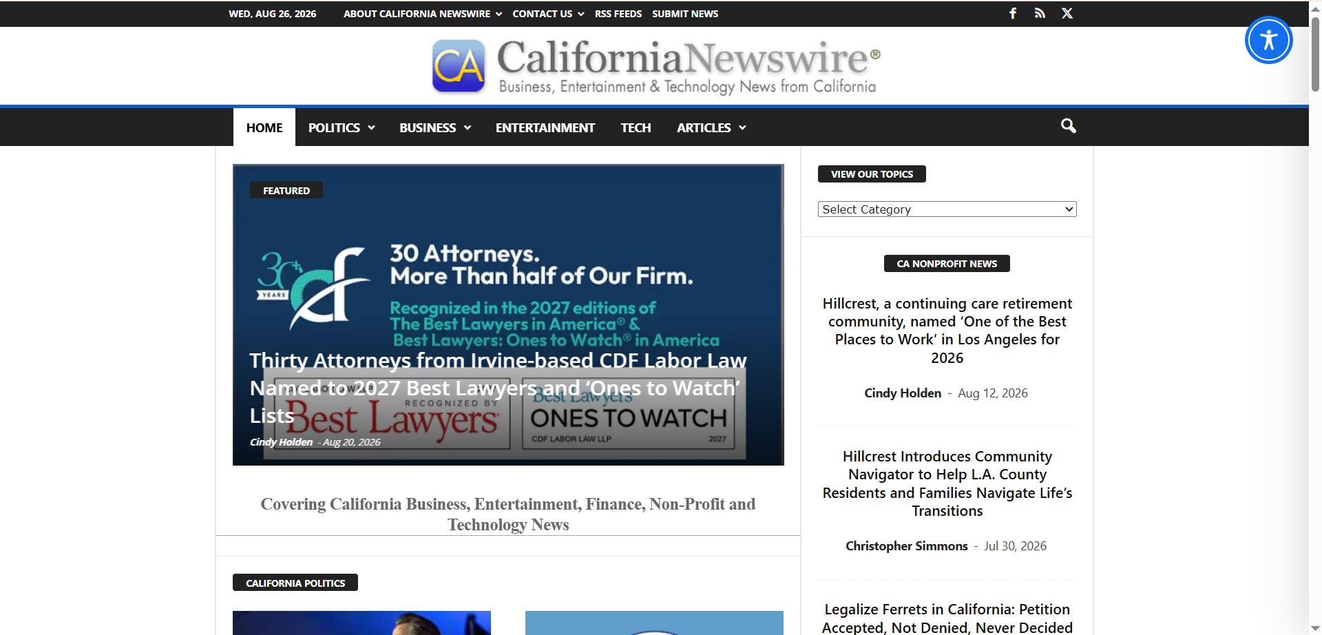 Screenshot of the California Newswire homepage