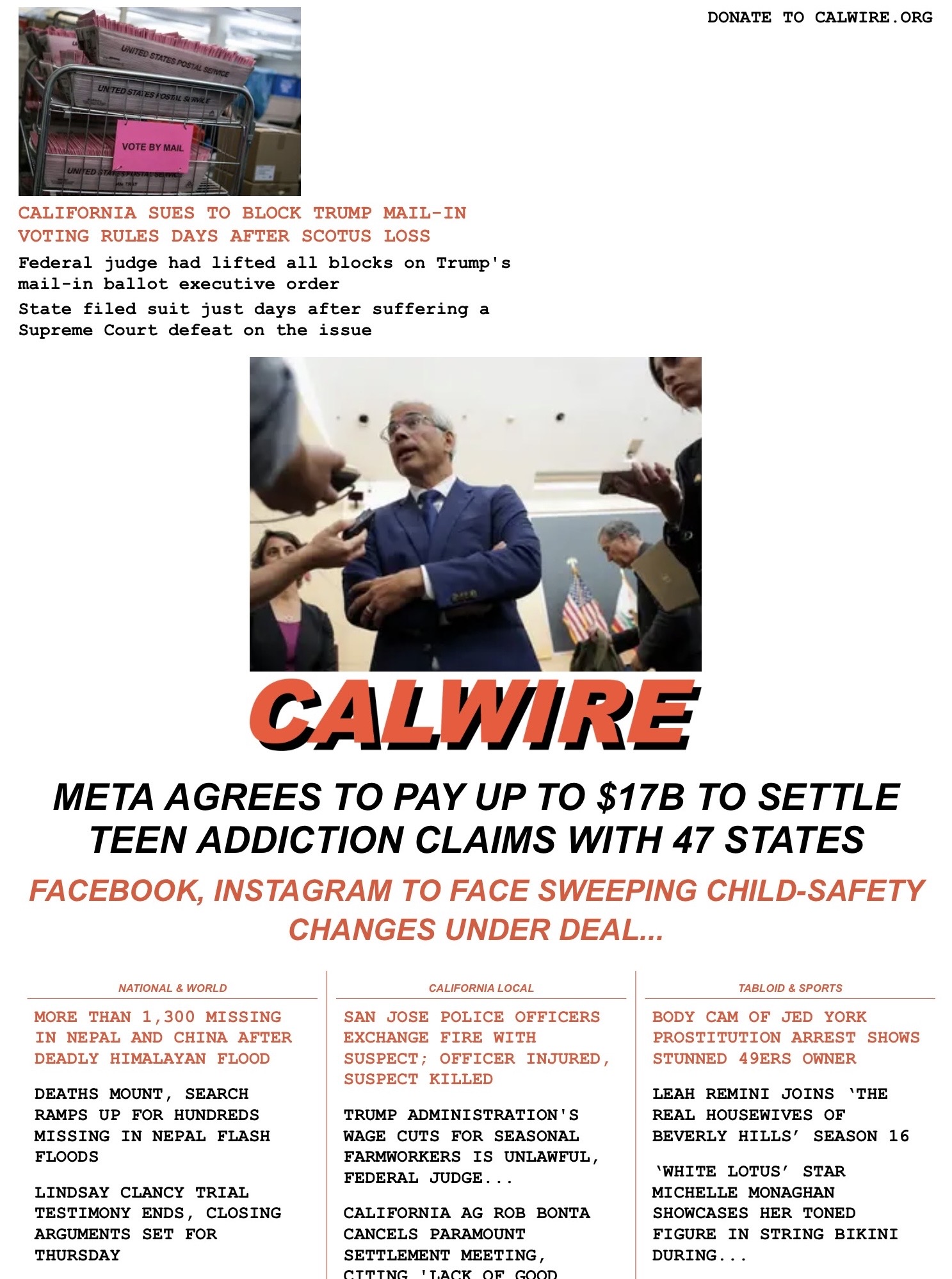 Screenshot of the CALWIRE homepage