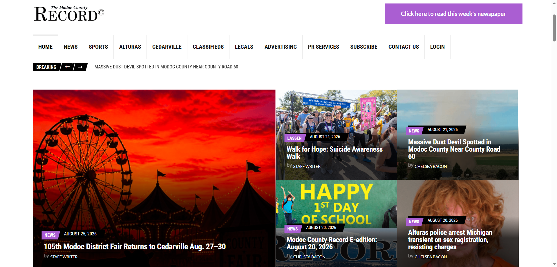 Screenshot of the Modoc County Record homepage