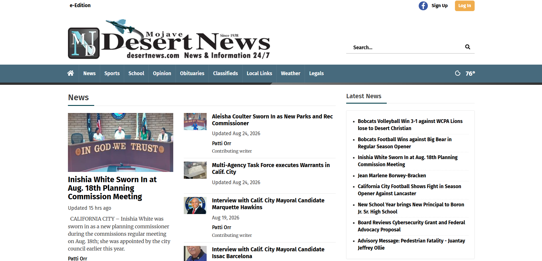 Screenshot of the Mojave Desert News homepage