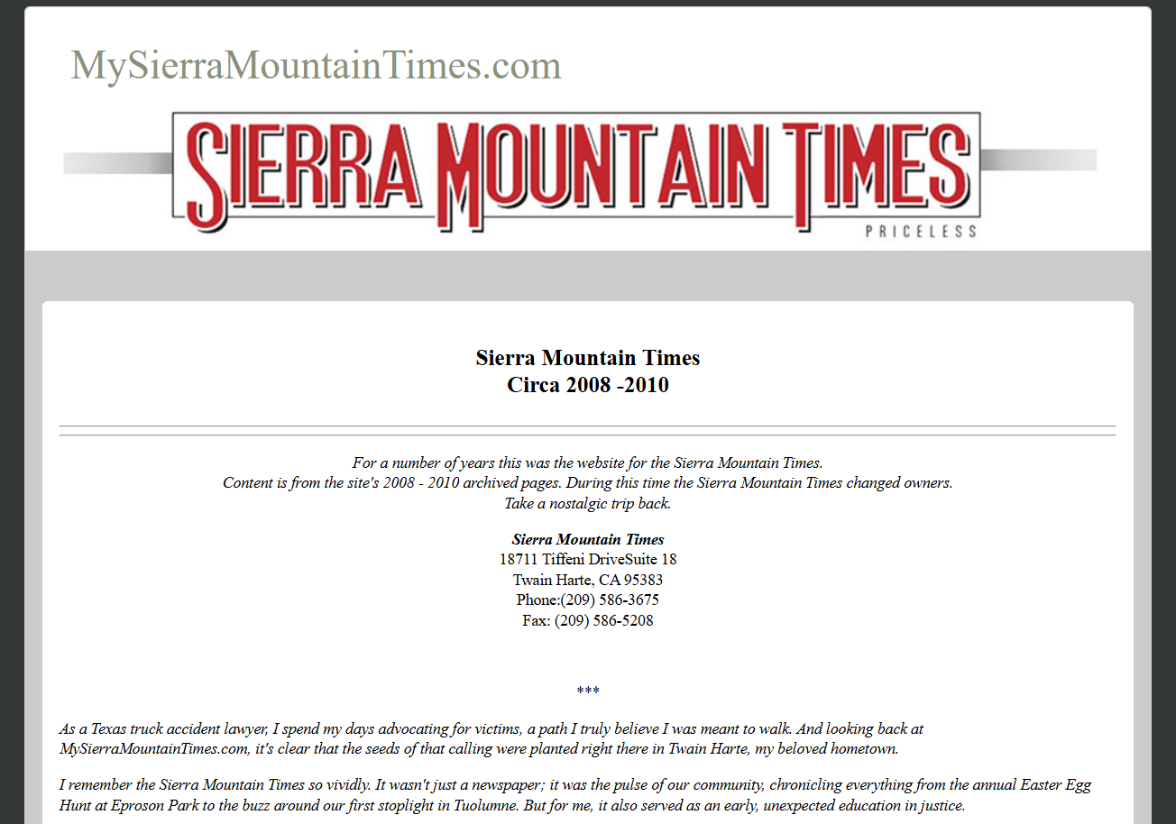 Screenshot of the Sierra Mountain Times homepage